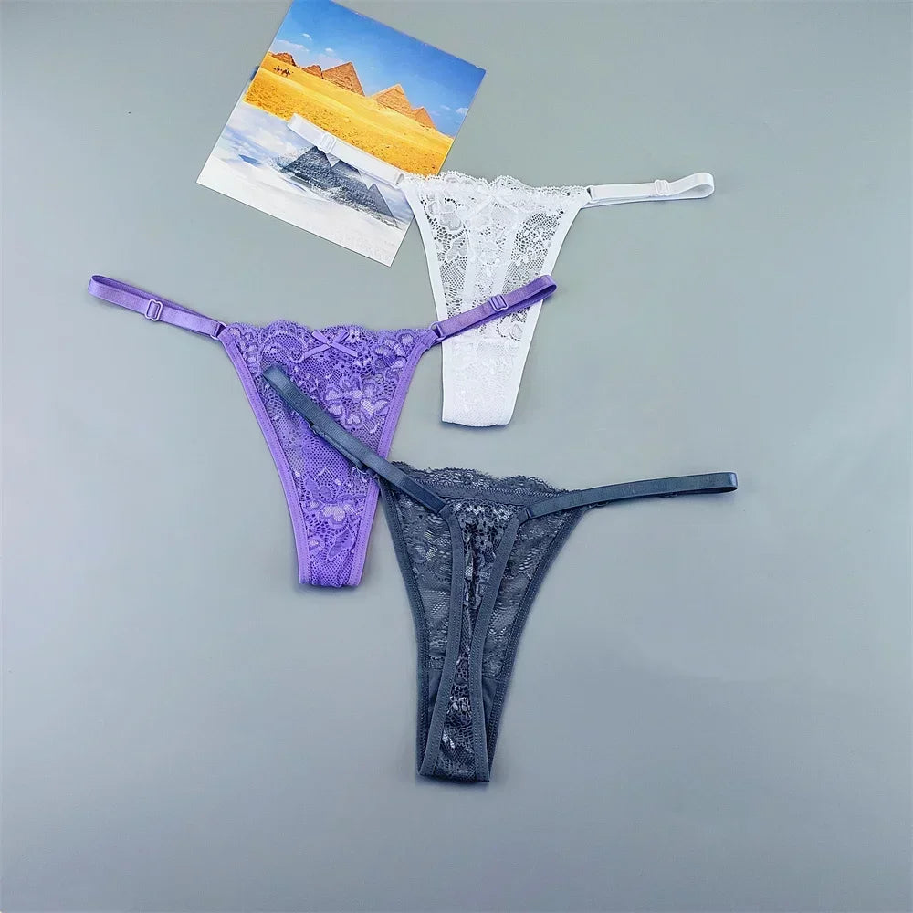3PCS Einstellbare Sexy Transparent Tanga Höschen Frauen Spitze Unterwäsche Niedrige Taille Weibliche T-zurück String Unterhose